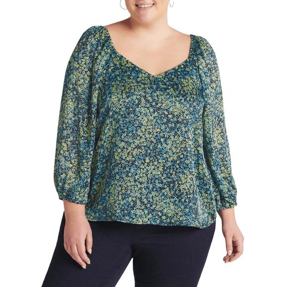 NWT Steve Madden Stevie Top 2X Blue Green Floral Blouse Crinkle Sheer Fairycore - Picture 1 of 16